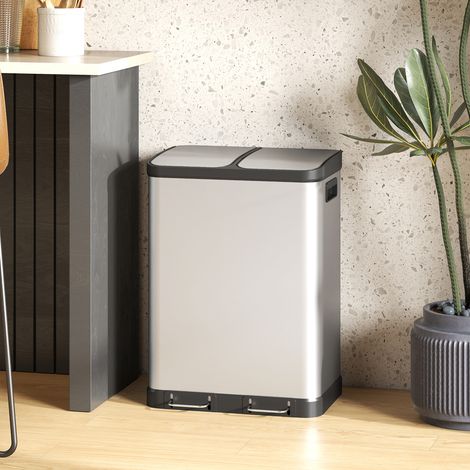 Poubelle cuisine double compartiment 2x30L pédale acier inox fermeture douce argent. Poubelle double argentée pour votre cuisine, robuste et fonctionnelle. (1/5)