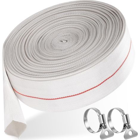 32mm Tuyau Refoulement Plat Tissu avec 2 Clips, Tuyau Incendie PVC, Conduite Eau Industriel pour Pompes Submersibles, Pompe Eau, Piscine, Puisard, Bassin Drainage, Irrigation Jardin (Blanc) (1/5)