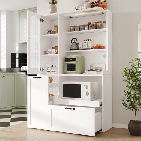 Aparador alto 98x40x177 cm blanco en MDF con vidrio acanalado, cajón y estantes ajustables (1/5)