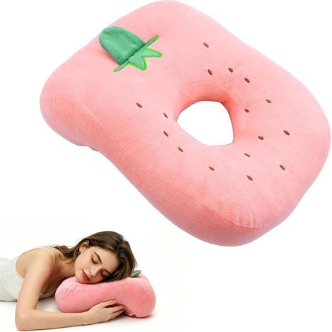 Oreiller sieste souple avec trou pour oreille, ergonomique, dormeur latéral, fraise 26 x 31 x 12 cm, plume (1/5)