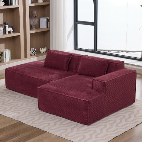 Sofá esquinero de poliéster rojo burdeos con asiento de muelles ensacados y 2 cojines, 233x129x70 cm