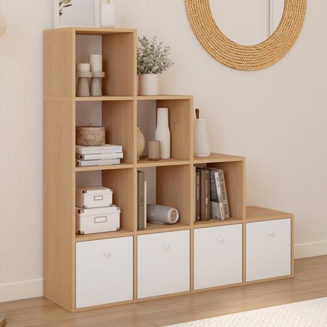 Mueble de almacenaje escalonado LORYS 4 niveles de madera y blanco con 4 cajones de tela (1/5)
