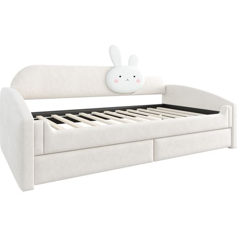 Cama sofá infantil 90 x 200 cm con almacenaje, LED, terciopelo beige y cojín conejo (1/5)