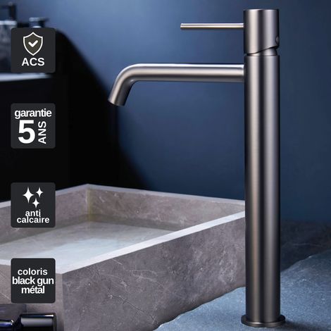 Robinet Mitigeur Lavabo Salle de Bain noir métal – Bec Haut Anti-Calcaire – Design Moderne - MONZA IMEX (1/4)