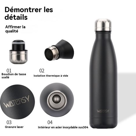 Bouteille isotherme noire acier inoxydable 304, forme bouteille de cola, double paroi sous vide, sport extérieur (1/5)