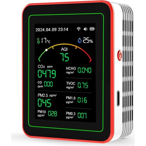 Ce moniteur de qualité de l'air intelligent 15 en 1 peut détecter les PM2.5, le dioxyde de carbone, le formaldéhyde, la température, l'humidité et fonctionne sur batterie973.5cm (1/5)