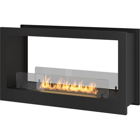 Cheminée Bioéthanol murale design encastrable Double face noir mat avec verre de protection 2 Face 900