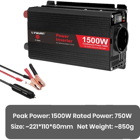 Inverseur de voiture, entrée 12V, sortie 220V, 12V 1500W Noir (1/2)