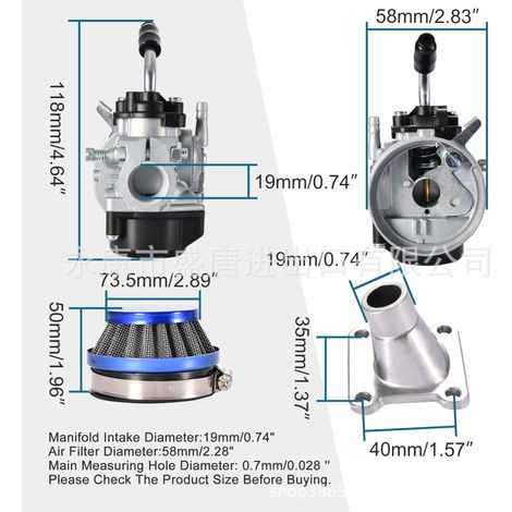 A 2-stroke carburetor with a 58mm air filter and intake manifold is suitable for 47cc and 49cc miniature bicycle/ATV gasoline engines. (1/4)
