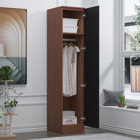 Reflect 1 Door High Gloss Wardrobe - Black Gloss & Walnut, Durable Melamine Finish - Modern Bedroom Storage - Single Door Wardrobe