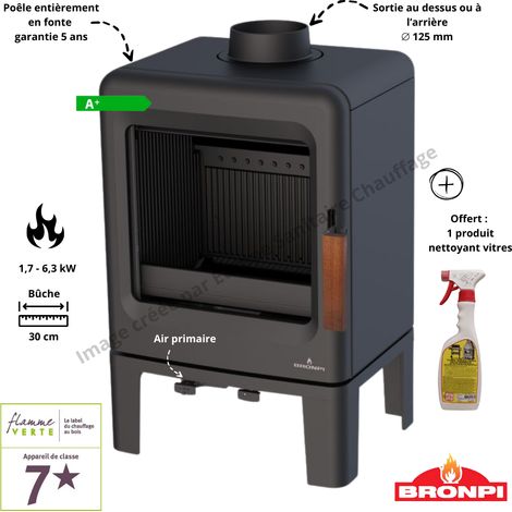 Bronpi – Poêle à bois en fonte 5 kW – Rendement 81% – Longueur bûche 30 cm – Sortie fumée 125 mm – Modèle étanche avec triple combustion (1/4)