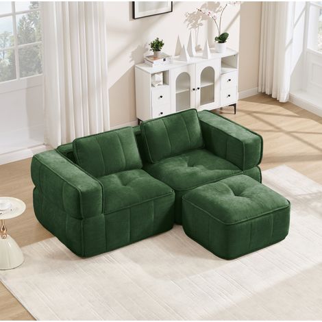 Divano angolare modulare 2 posti con pouf, schiuma ad alta densità 32D, senza telaio, verde (1/5)