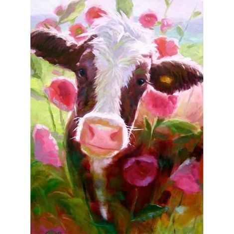 Kit Strass - Non spécifié - Vache en Fleur - 30x40 cm - Décoration Murale - Diamants Carrés (1/4)