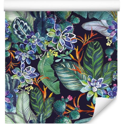 Papel pintado de suculentas y hojas tropicales para salón y dormitorio, 50x1000 cm (1/5)