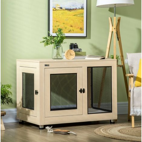 Box per cani 94 x 60 x 71,5 cm, chiudibile, 2 porte, naturale/nero, OKMYHOME (1/5)