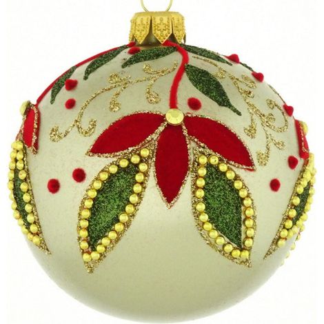 Pallina per albero di Natale in vetro bianca con motivi floreali in velluto rosso da 10 cm (1/4)
