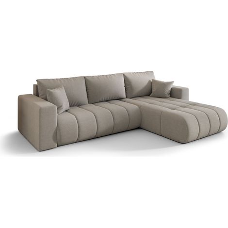 Canapé d’angle velours chenille convertible avec coffre ORIA angle droit-Beige-angle droit (1/5)