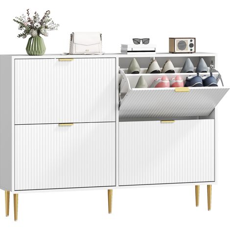 Schuhschrank für 20 Paar Schuhe mit 4 Klappschubladen, geriffelten Türen und verstellbaren Einlegeböden, 105 x 24 x 91,5 cm, weiß