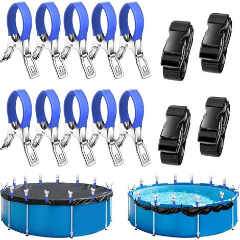 10 Pièces Métalliques pour Pince Bache Piscine, Pinces pour Couverture de Piscine avec 4 Sangle Bache Piscine, Pinces pour Piscines Hors Sol, pour Couvertures de Piscine Vêtements Serre Tente (1/5)
