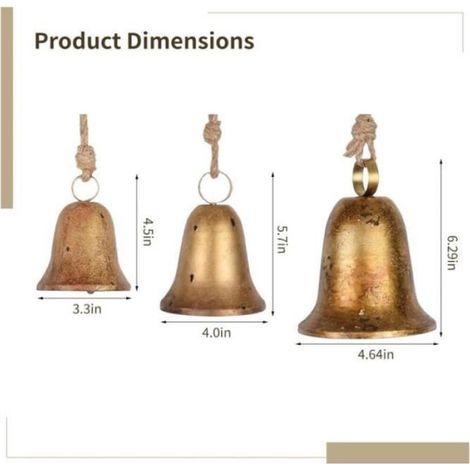 3 cloches vintage pour Noël, grandes cloches rustiques à suspendre avec corde de jute – Cloches en métal doré antique pour arbres (1/4)