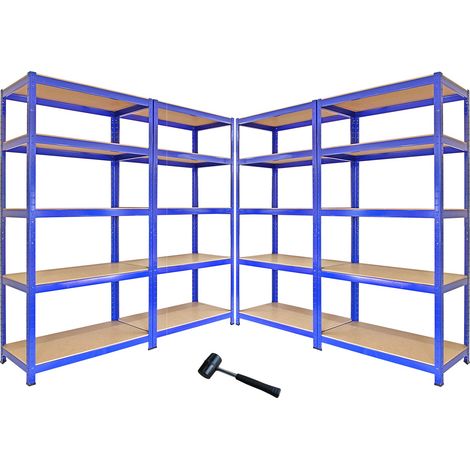 4 Estanterías Azules Metalicas T-Rax Sin Tornillos 90x45x180cm con 5 Estantes Almacenamiento Almacenaje Herramientas Taller Garaje Industrial Capacidad Peso 280kg por Estante con Mazo de Goma GRATIS