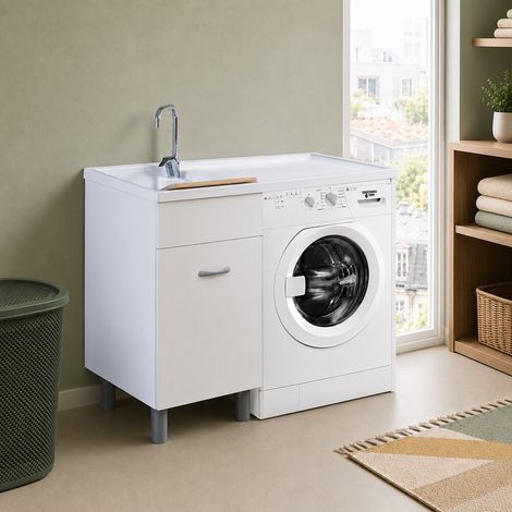 Mobile porta lavatrice 106x60 cm bianco opaco con vasca a sinistra e asse lavapanni incluso Medea (1/5)