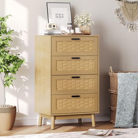 Comò in legno con 4 cassetti in rattan, gambe in legno massello e maniglie in metallo nero, stile vintage, 55x40x95 cm - colore legno