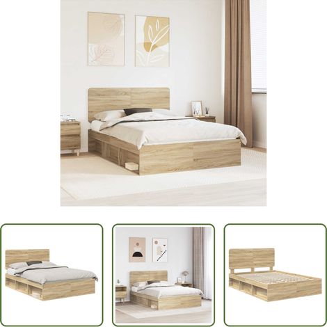 vidaXL Lit chêne sonoma -  Cadre de lit Chêne Sonoma 150 x 200 cm Bois de pin massif (1/5)