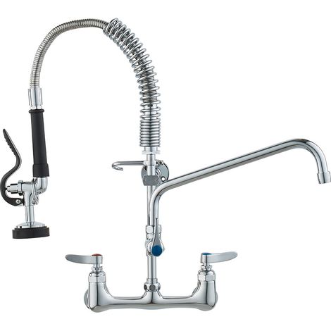 Kommerzieller Wasserhahn mit Vorspülbrause, Küchenarmatur 53 cm Höhe, 30,5 cm Schwenkauslauf, Küchenspülenarmatur zur Wandmontage, Gerät aus Messing mit ausziehbarer Brause, für 1/2/3-Fach-Spüle (1/5)