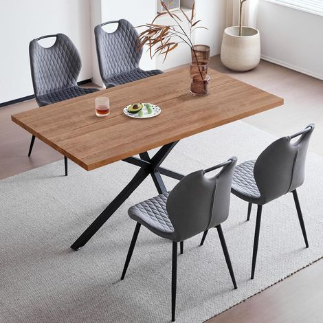 Essgruppe 140cm Esstisch mit 4 modernen Leinenstühlen Dunkle Holzmaserung Grau (1/5)