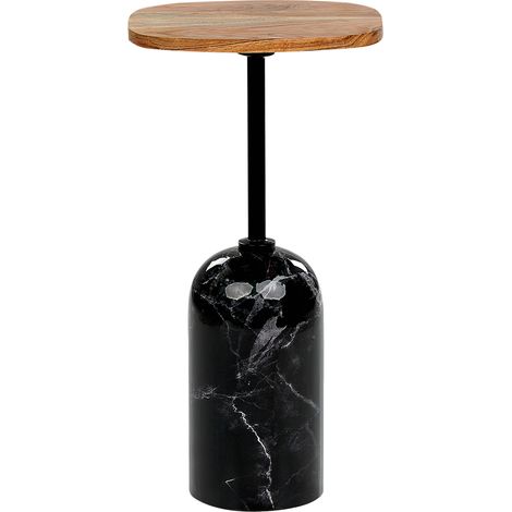 Mesa auxiliar redonda de estilo moderno con tapa de madera y base de metal en color madera clara y negro Oasis (1/5)