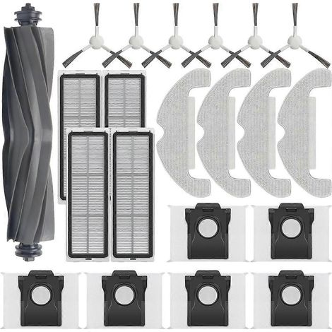 Zubehör für den Dreame D10 Plus Gen 2 Saugroboter: Hauptseitenbürste, HEPA-Filter, Reinigungstuch und Staubbeutel.