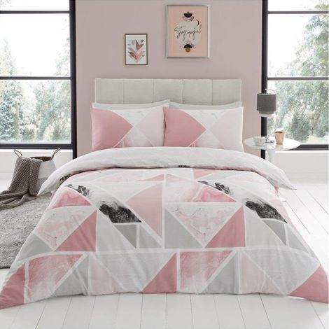 Parure de lit Double réversible avec Housse de Couette Motif marbre métallique, Motif Triangulaire, Lavable - Rose (1/5)