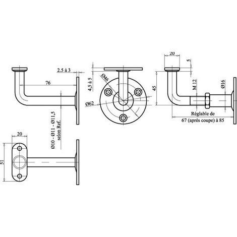 Support de main courante coudé fixe chrome – Platine ronde 60mm – Espacement mural 76mm – Fixation à vis pour installation sécurisée – Map Massard