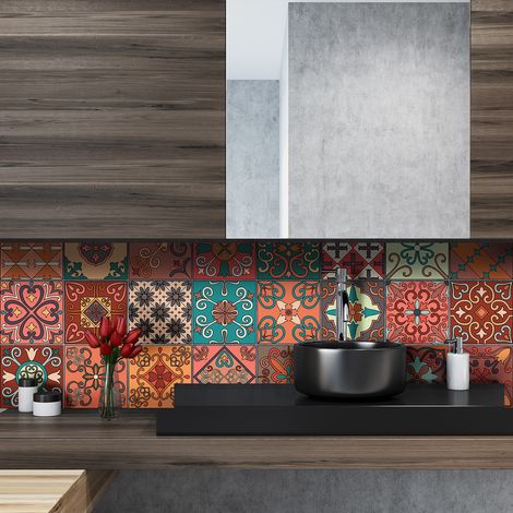 Sticker Mural Carrelage adhésif Cuisine Salle de Bain - 24 STICKERS CARREAUX DE CIMENT AZULEJOS GIORDANO - 24stickers15x15cm (1/5)