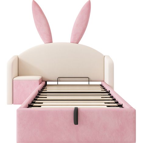 Kinderbett 90x200 cm aus beige-rosa Samt mit hydraulischem Stauraum und Nachttisch (1/5)