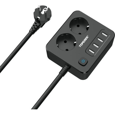 Multiprise 6 en 1 avec USB, Bloc Multiprise 2 Prises et 4 Ports USB (4000W), Prise Multi Parasurtenseur Parafoudre et Surtension avec Interrupteur, Noir (1/4)