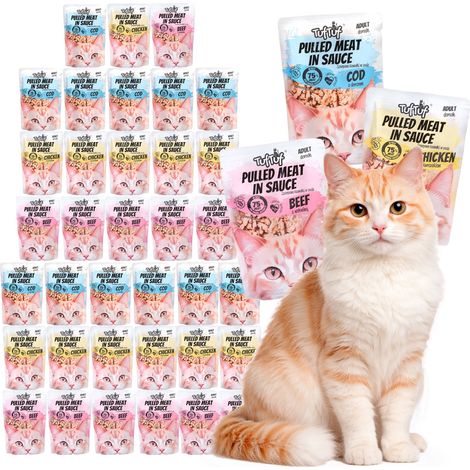 Aliment humide pour chat TufTuf, mélange de saveurs, sachets de 40 x 100 g, morceaux effilochés (1/4)