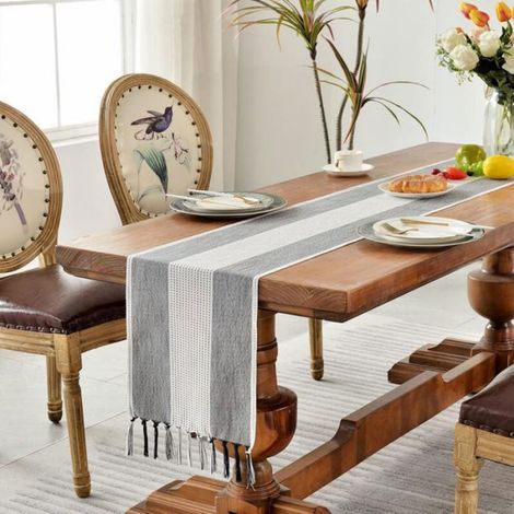 Tapis de table 120 cm en lin coton avec franges, style campagne (gris foncé, 120 cm) (1/4)