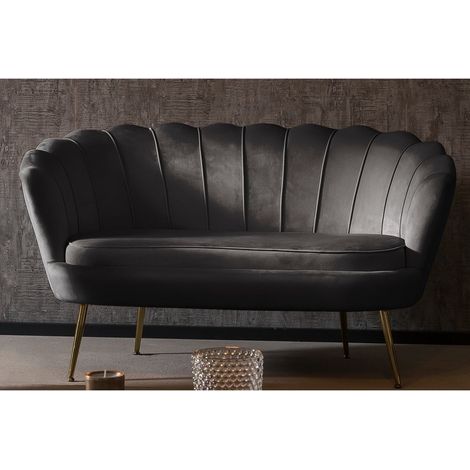 Canapé Coquillage Design en Velours Noir et Pieds en Métal Doré Largeur Assise 105 cm - PANGIVO (1/5)