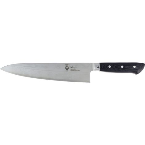 Japanisches Küchenmesser Muela GYUTO-21DAM.M, Gewicht 183 Gramm, 21 cm VG10 Damaststahlklinge und schwarze Micarta-Griffe + Mehrzweck-Geschenkkarte. (1/3)
