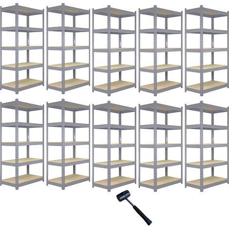 10 Estanterías Metálicas Grises Q-Rax Sin Tornillos 120x50x180cm de 5 Estantes Baldas Repisas Capacidad Peso 200kg por Estante Almacenamiento Almacenaje Herramientas Taller Garaje Cobertizo Almacén