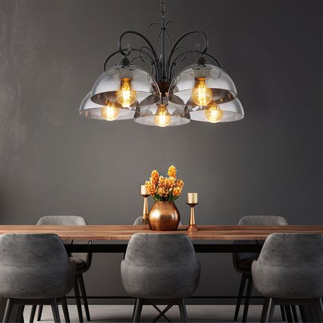 Pendelleuchte Hängelampe Hängeleuchte Esstischlampe, Höhenverstellbar 5 flammig, Metall schwarz Rauchglas, 5x E27 Fassungen, DxH 56x120cm