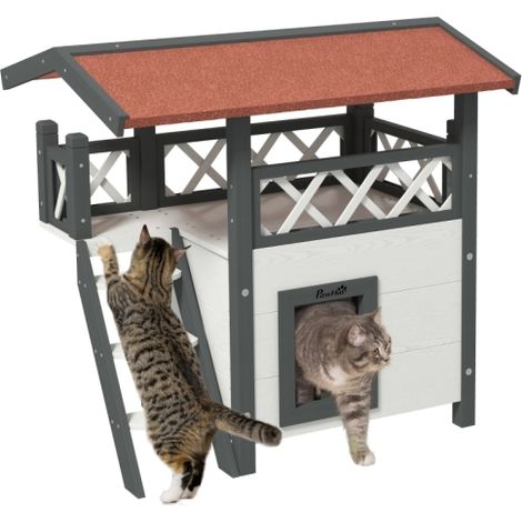 Outdoor Cat House with Balcony and Stairs, 77x50x73 cm, White - Perfect for Your Feline Friend's Comfort (1/5)