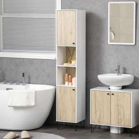 Colonne de Salle de Bain 2 Étagères Ouvertes + 2 Placards en Panneaux de Particules, 31,5x30x169 cm, Blanc et Bois (1/5)