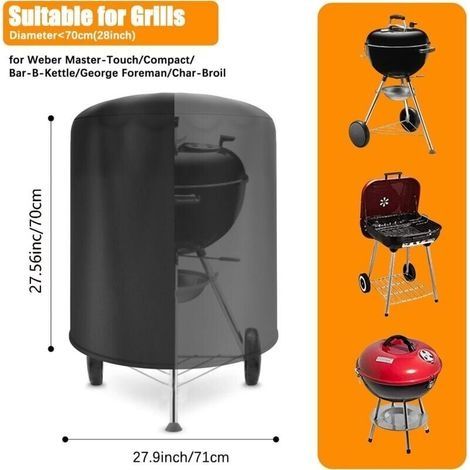 Runde, wasserdichte Grillabdeckung, Weber Grillabdeckung aus UV-beständigem Oxford-Gewebe, mit seitlichem Windschutzgurt, Schwarz (71 x 70 cm) (1/3)