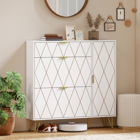 Mueble Zapatero Moderno con 2 Cajones Abatibles Armario y Estantes Ajustables para 10-14 Pares de Zapatos Blanco (1/5)