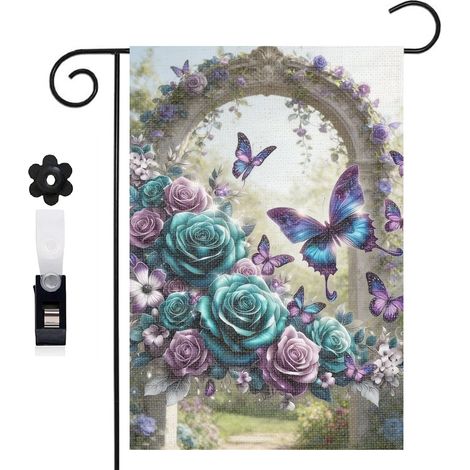 Drapeau vertical fond doré et papillons morpho 30 x 45 cm décoration saisonnière cour (1/5)