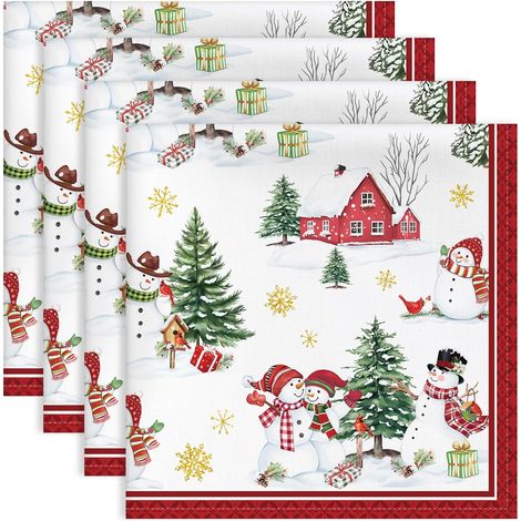 Serviettes de Table Lot de 4, Serviettes en Tissu 100% Coton Bonhomme De Neige Arbre Rouge Doux et Confortable Réutilisables pour Le Famille Cuisine Décorations Cadeaux(45cm×45cm) (1/5)