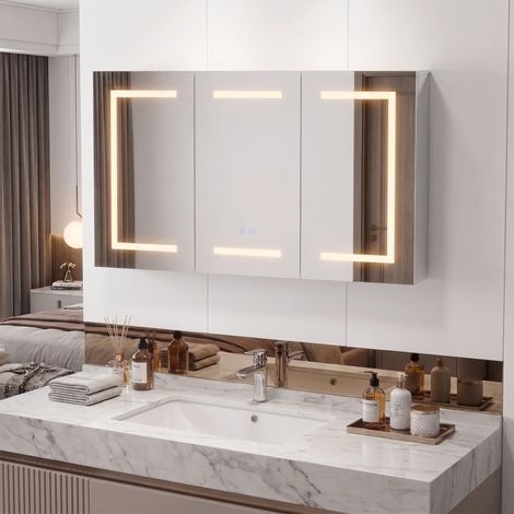 VASIEN – Armoire Toilette Miroir avec éclairage LED et Prise 100.4x60x13.5cm Armoire de Toilette avec Miroir,Armoire Miroir Salle de Bain avec étagère Réglable,3 Couleur Lumiere,Désembuage intégré (1/5)